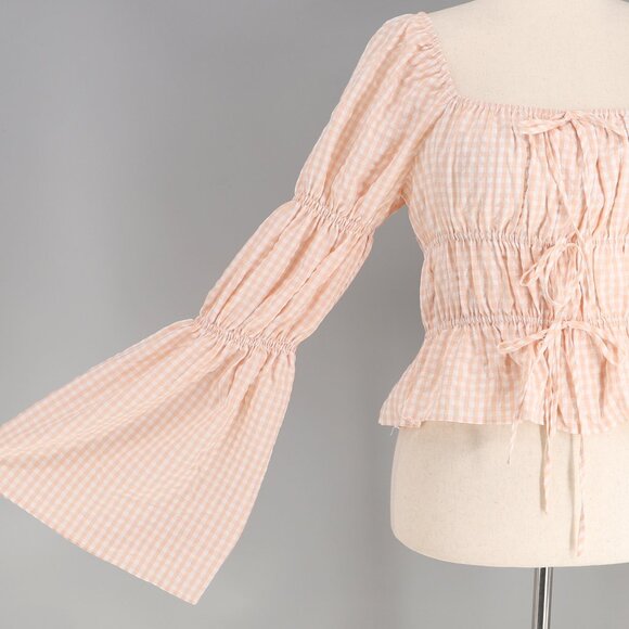 ENGLISH FACTORY Tie Detailed Gingham Shirring Top Long Sleeves Blush Pink Size L - Picture 8 of 10